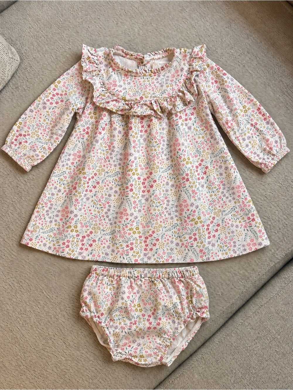 Sweet Floral Ruffle Baby Dress with Matching Bloomers - Pink & Cream